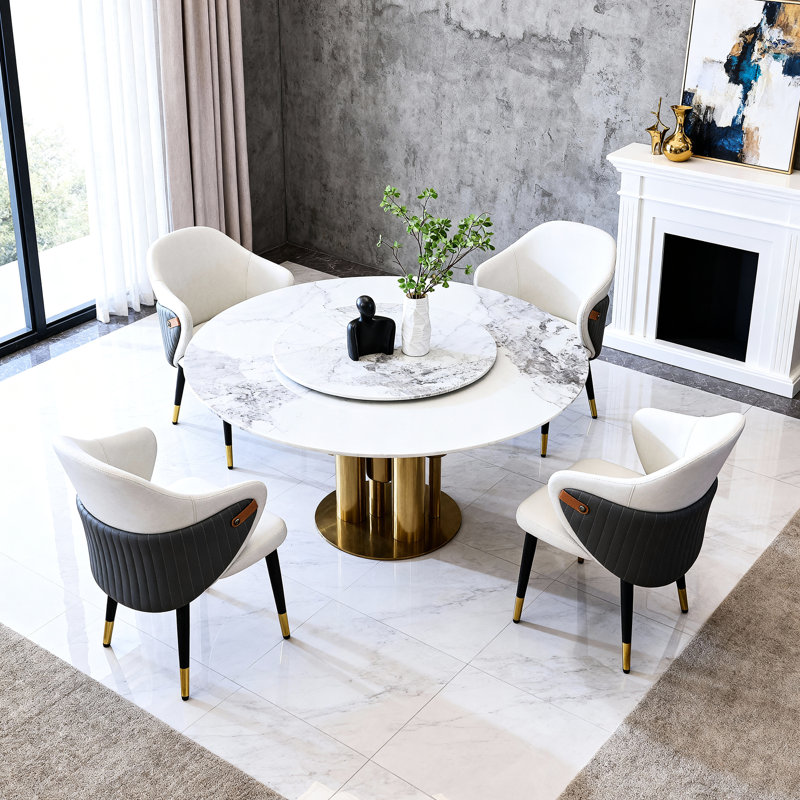 Table de cuisine ronde 59 po 59 po, paresseux à 360 degrés, pierre frittée résistante aux taches et aux chocs, luxe américain, 8 places, table de salle à manger blanc doré avec plateau tournant en pierre, espace compact, design,