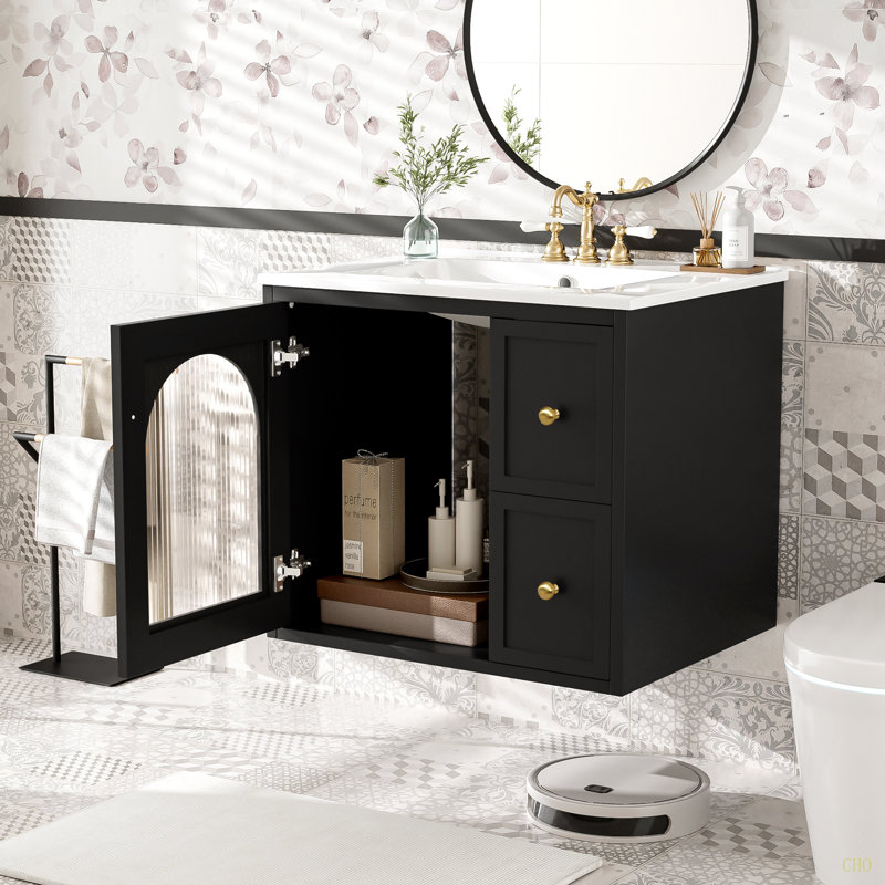 Ensemble de meuble-lavabo mural 24 po pour petit espace, armoire de salle de bain avec lavabo en céramique, 2 tiroirs et 1 porte à fermeture en douceur