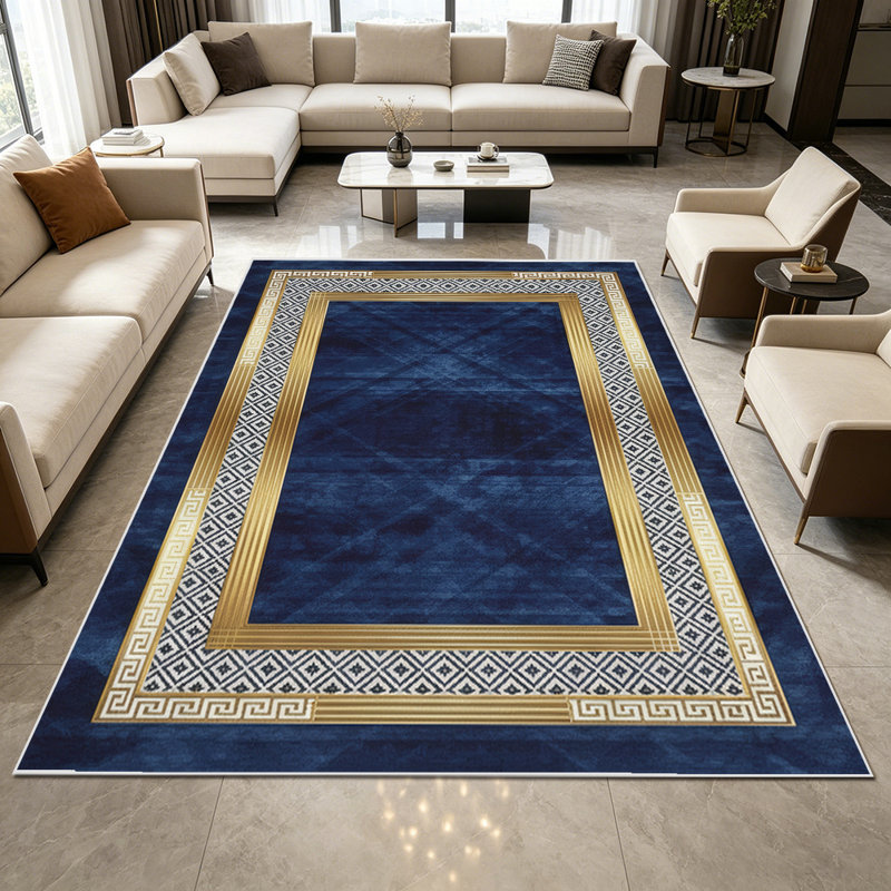 1PC luxury gold greek key geometric diamond navy blue area rugs, Soft and Comfortable, easy-to-maintain, machine washable Indoor floor mat, suitable for living room, bedroom, dining room, entryway, hallway, patio, porch, Home Decor, Outdoor Decor.