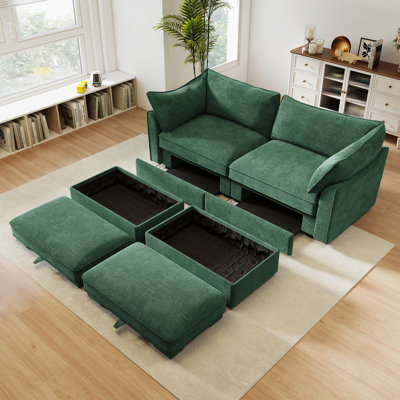Canapé 2 places avec repose-pieds et repose-pieds mobile, vert chenille, rangement coulissant, conception peu encombrante