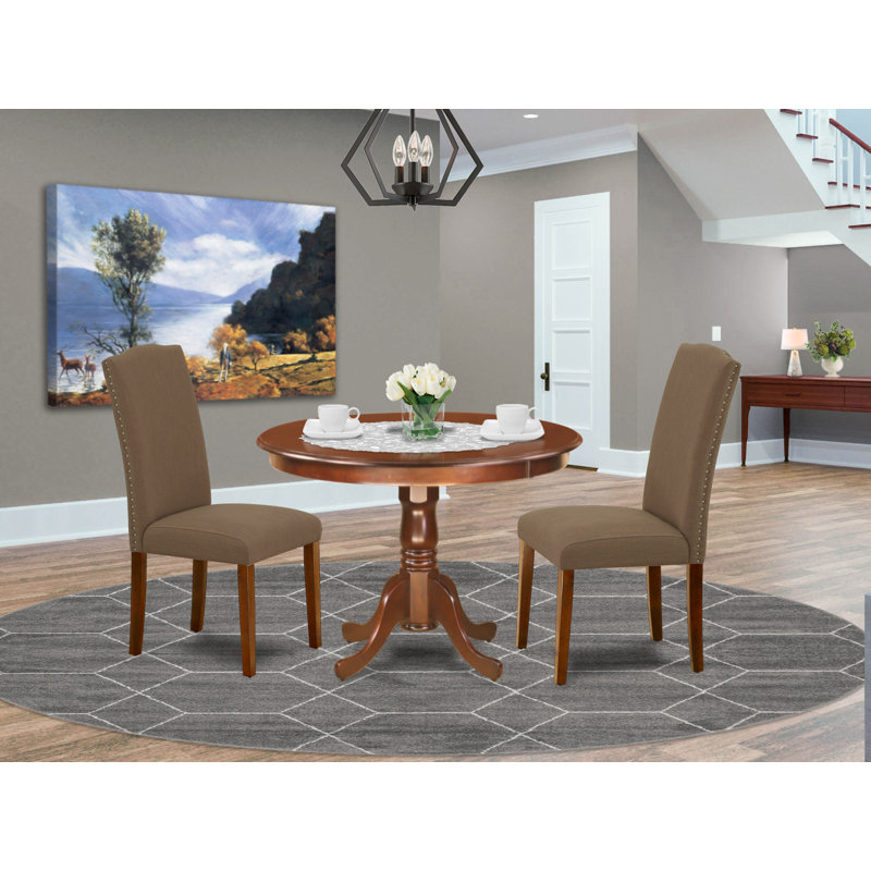 Ensemble de coin-repas 3 pièces pour petits espaces comprenant une table de salle à manger ronde avec piédestal et 2 chaises Parsons en tissu de café noir foncé, acajou
