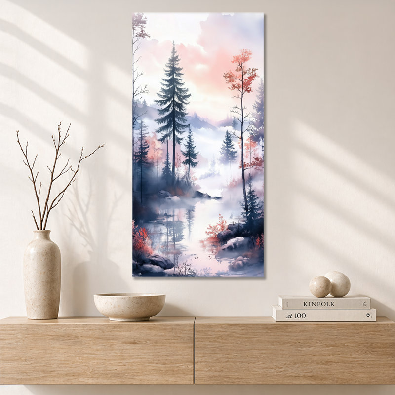 «Blue Pink Summer Twilight Mist Woodland II», impression sur toile, art mural chaleureux, H 40 po x l 20 po, Toile tendue