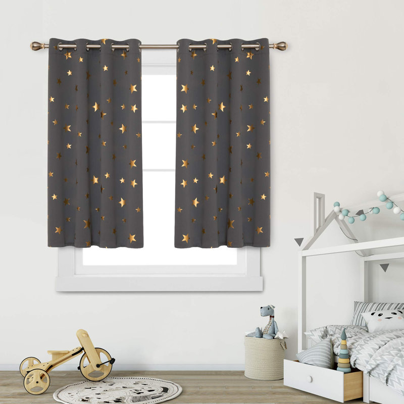 Gold Star Foil Print Room Darkening Thermal Insulated Grommet Curtain Panels (Set Of 2), Dark Gray, 42" W x 95" L