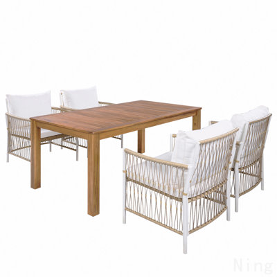 Patio 5pcs Wooden Dining Table Set, Outdoor 67''L Rectangular Table With 4 Rattan Arm Chairs For Poolside, Backyard, Garden, Natural