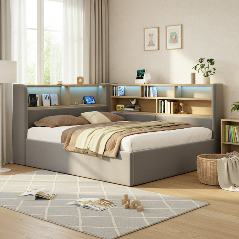 L-Shaped Velvet Daybed 4FT6 with Hydraulic Storage, LED & USB, Double, Grey