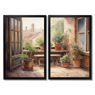 Cottage Balcony Garden - Landscape Cottage Canvas Prints, Green Landscapes Wall Art 2 Piece