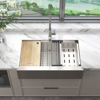 Sinber 33" Farmhouse Apron Single Bowl Workstation Kitchen Sink with 304 Stainless Steel