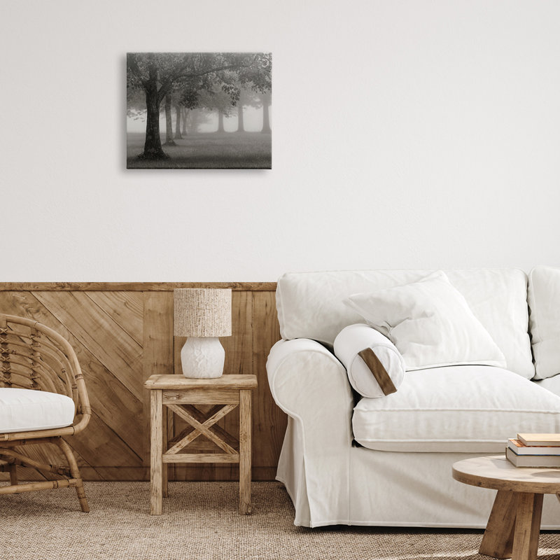 «Tranquil Foggy Trees Field Mon monochrome Design» par Nicholas Bell - photographie, H 16 po x l 20 po, Toile tendue