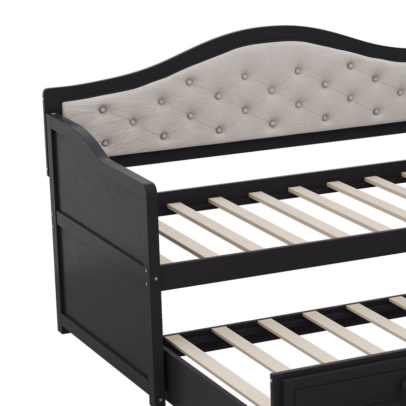 Twin Daybed With Trundle, Daybed With 2 Storage Drawers, Wooden Sofa Bed With Upholstered Button Tufted Backrest For Living Room
