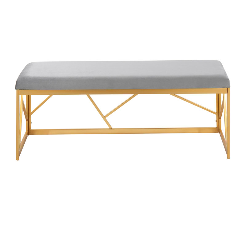 Metal Bench in Gold Steel and Velvet, Gray