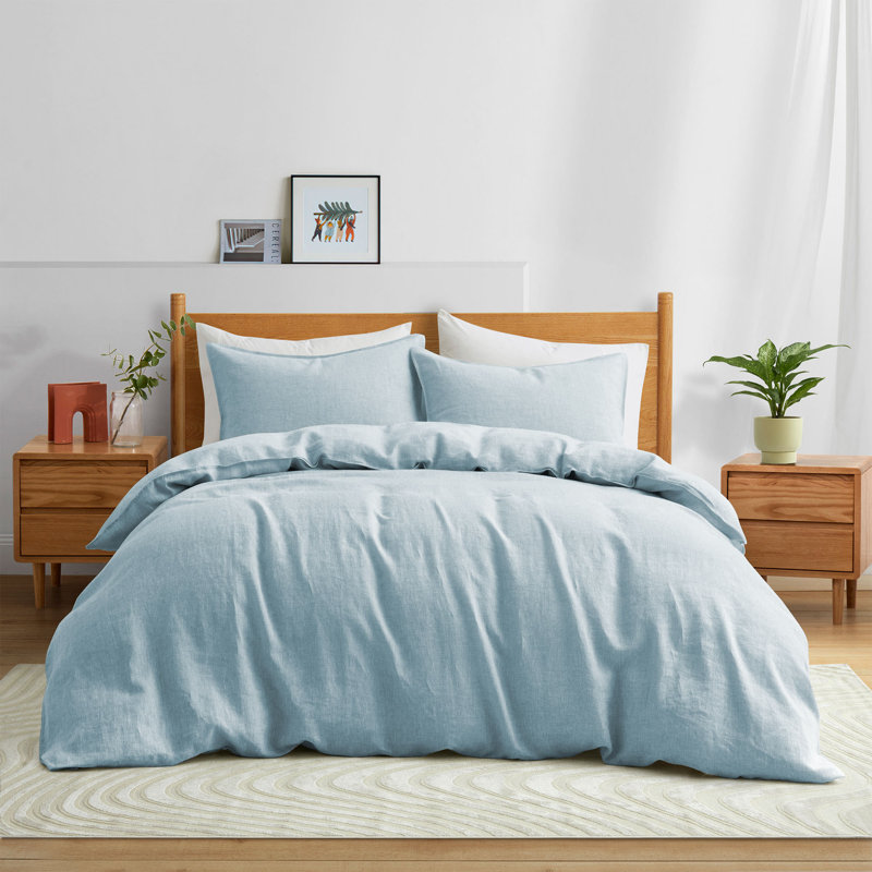 Boseman 100% Linen Duvet Reversible Duvet Cover Set, Queen Duvet Cover + 2 Standard Pillowcases, Gray