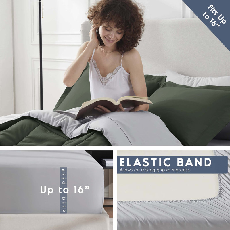 Ensemble d'édredon réversible avec draps Bed-in-a-bag, Édredon très grand + 7 articles supplémentaires, Vert olive