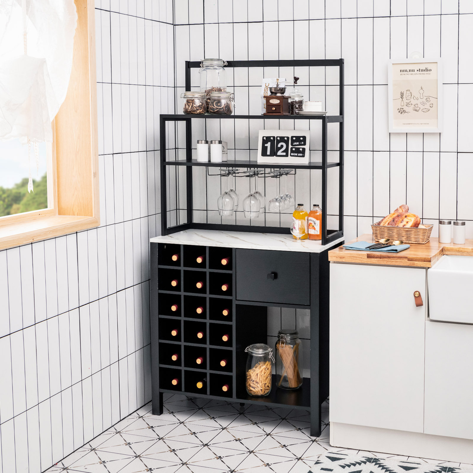 Bakers rack with store cabinet on bottom