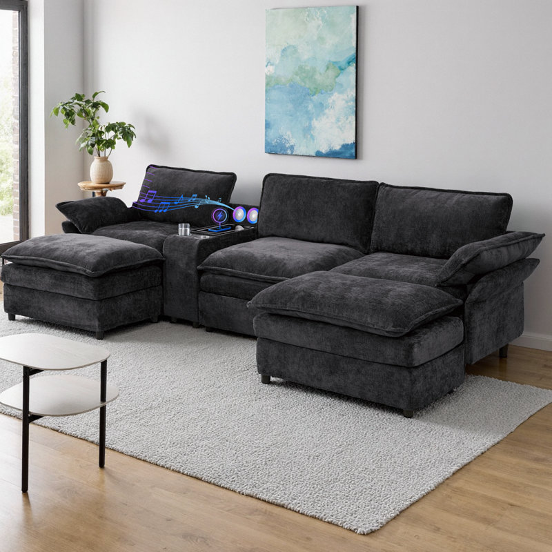 Canapé modulaire en U modulaire avec haut-parleurs Bluetooth et recharge sans fil, canapé en tissu de chenille 5 places avec console de rangement, 2 repose-pieds mobiles, accoudoirs réglables