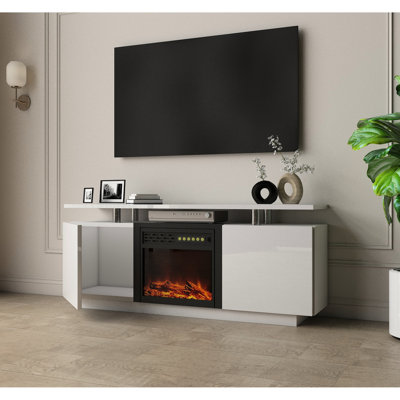 Meuble télé avec foyer 160 cm ultrabrillant - 9 réglages de flammes et de bûches, 750 / 1500watts, 5 niveaux de température, 1 minuterie de 8 heures, protection contre la surchauffe, taille maximale de l'écran blanc 50 Console de 59 pouces avec garde de température
