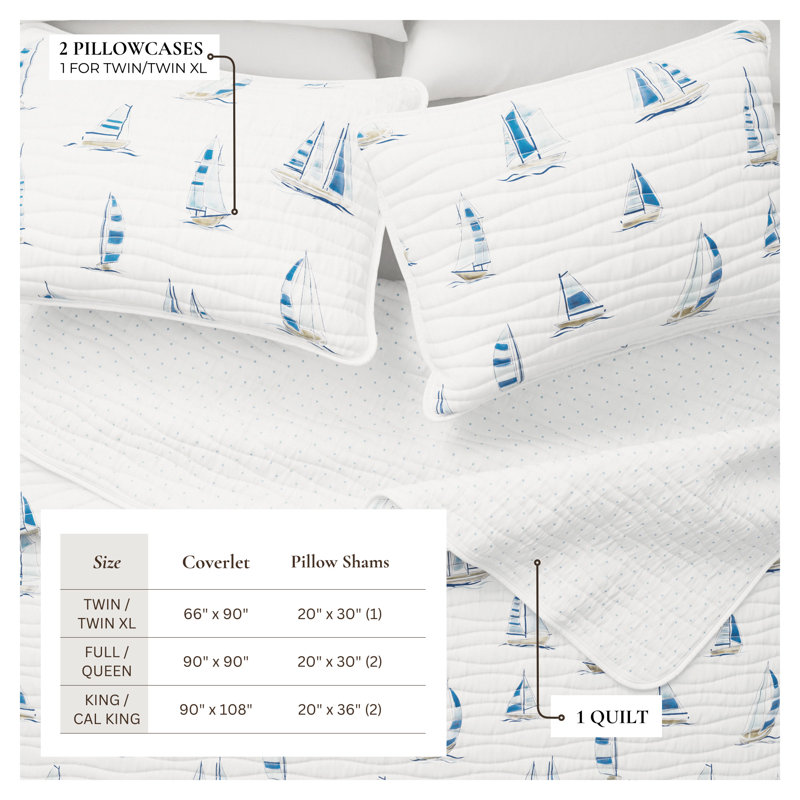 Blue Seashell Reversible Quilt Set with Shams, Twin / Twin XL Quilt + 1 Standard Sham, Blue Watercolor Sailboats