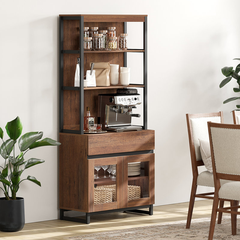 Modern 72" Tall Buffet Sideboard With Drawers And Open Shelves, Storage Cabinet And Display Shelves, Wooden Sideboard For Dining Room Or Kitchen