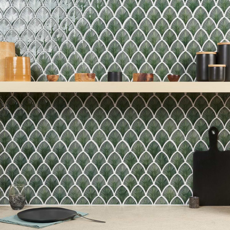 Nabi 3x4 Fishscale Crackled Glossy Glass Mosaic Tile, Deep Emerald Green