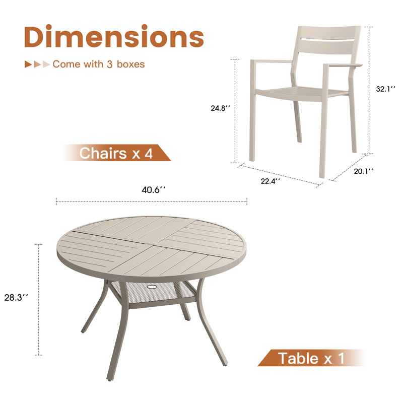 4-Person Round Patio Dining Set with Metal Dining Table and 4 Stackable Metal Armrest Chairs, Cream/Cream