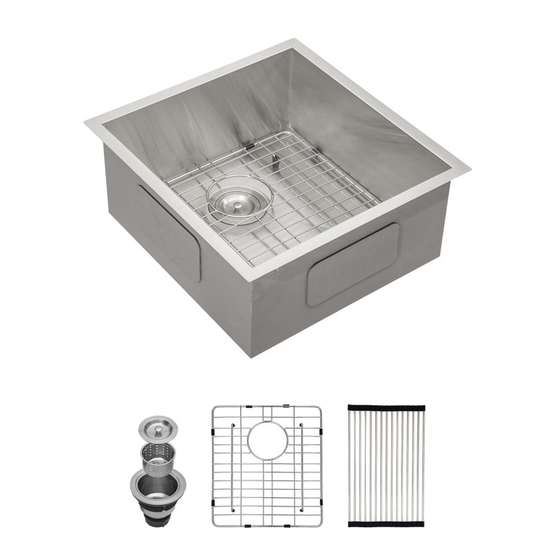 19"L x 20"W Undermount Kitchen Sink, 16-Gauge Stainless Steel Single Bowl Bar Sink with Sink Grid, Drain & Roll-Up Rack