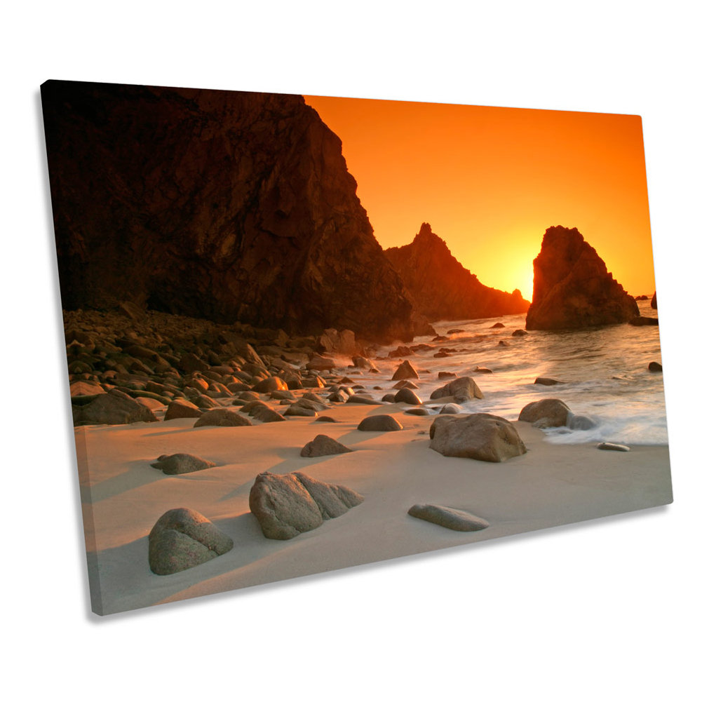 Sunset Beach Scene Orange - Wrapped Canvas Print