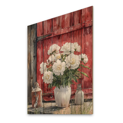 Pivoines dans la remise laitière III - Art mural en bois pivoines - sur bois de pin naturel
