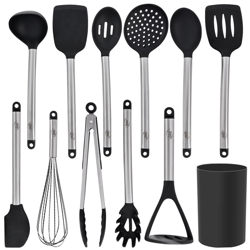 Ensemble d'ustensiles de cuisine 12 pièces KALUNS avec pot à ustensiles, outils de cuisine en nylon résistant à la chaleur et en acier inoxydable, coffre-fort anti-égratignures, noir