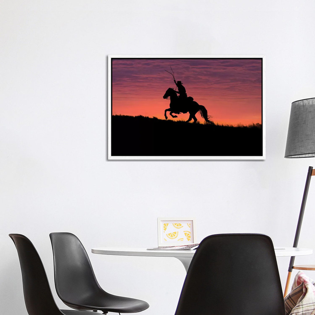 USA, Wyoming, Shell, The Hideout Ranch, Silhouette Of Cowboy And Horse At Sunset by Hollice Looney - Gallery-Wrapped Can...