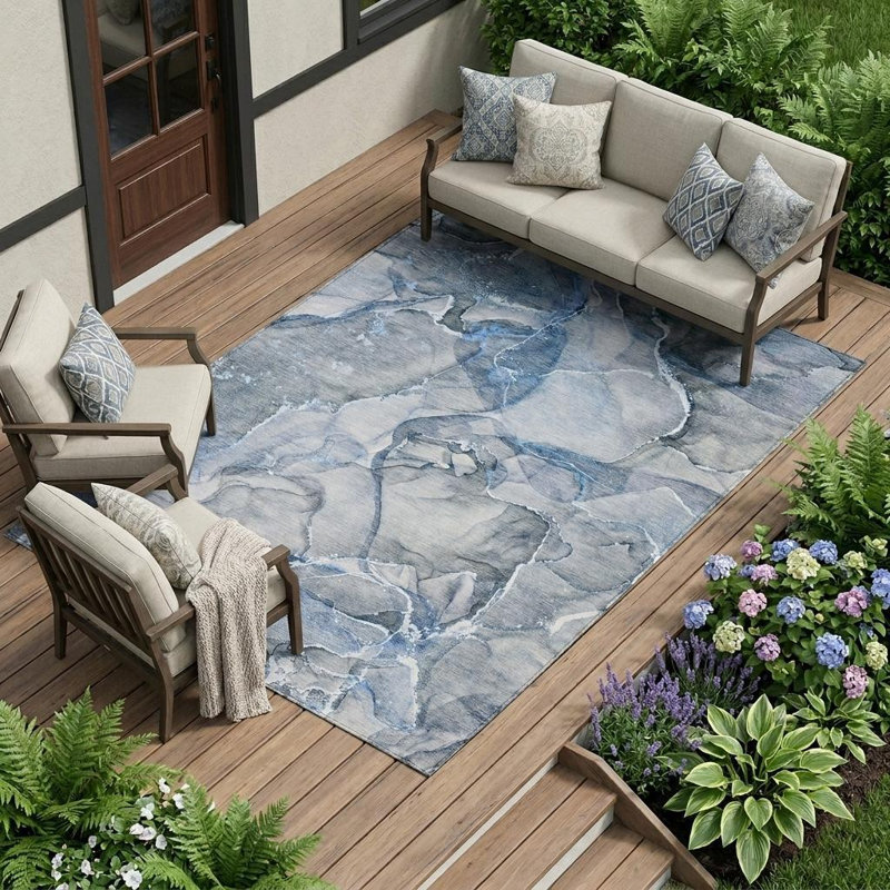 Tapis extérieur antidérapant lavable bleu et gris 10 pi x 14 pi