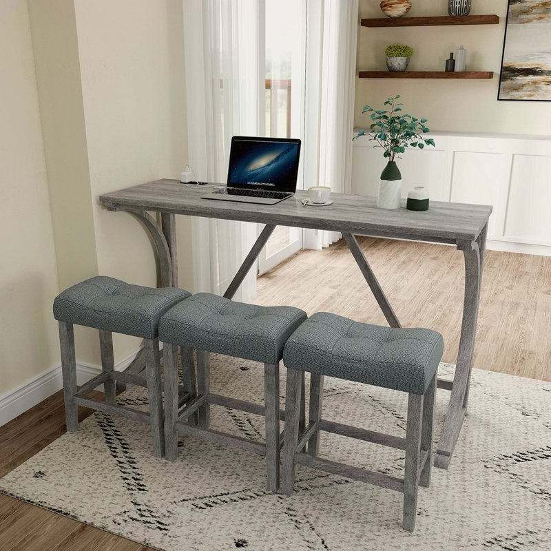 Bar Table Set With Power Outlet, Bar Table And Chairs Set, 4 Piece Dining Table Set, Industrial Breakfast Table Set, For Living Room, Dining Room, Game Room