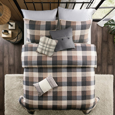 6 pièces courtepointe à chevrons, très grand / très grand, ton neutre, carreaux Buffalo, coussins très grand, tissu, imprimé, décoratif avec caractéristiques complètes