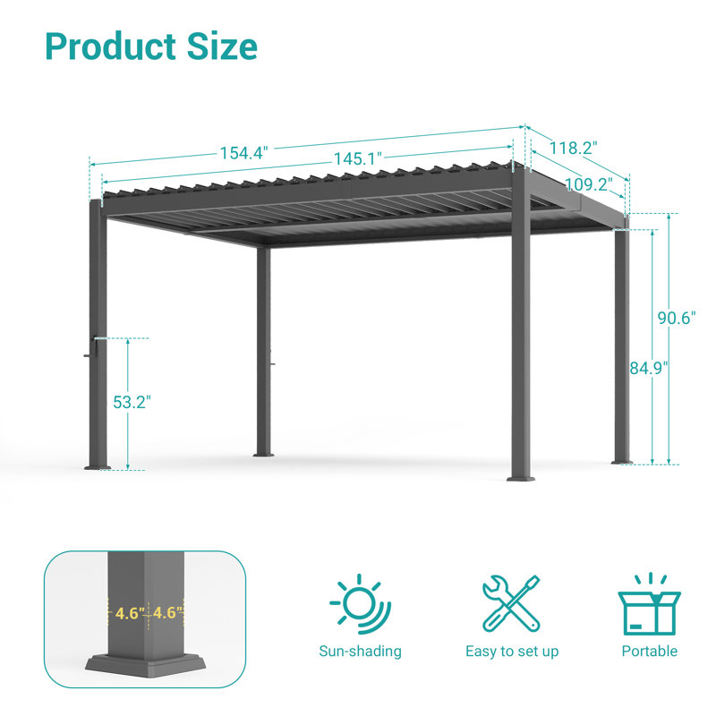 Outdoor Patio Adjustable Aluminum Pergola with Louvers, Rust-Free and Modern Design, 13 ft × 10 ft