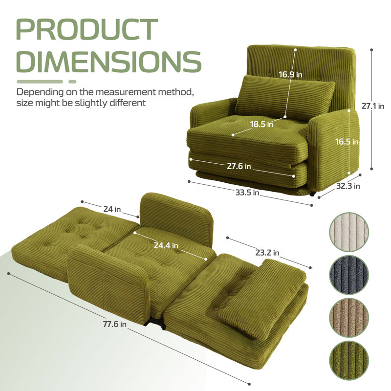Fauteuil d'appoint convertible de 33,5 po de largeur avec coussin amovible Pablo, Vert
