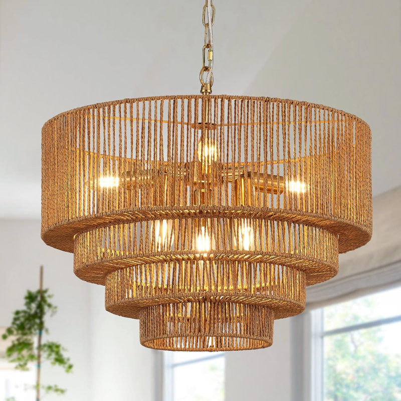 Lustre en rotin tissé à la main avec tambour 6 lumières, style bohème campagnard rétro, chaîne de suspension réglable, compatible avec la base E12, idéal pour la salle à manger, l'îlot de cuisine, la chambre à coucher