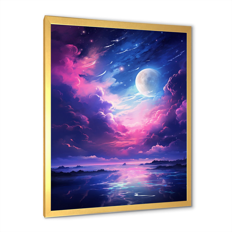 Lune en nuages mauves bleus, Cadre doré à une seule photo, H 32 po x l 24 po x P 1 po