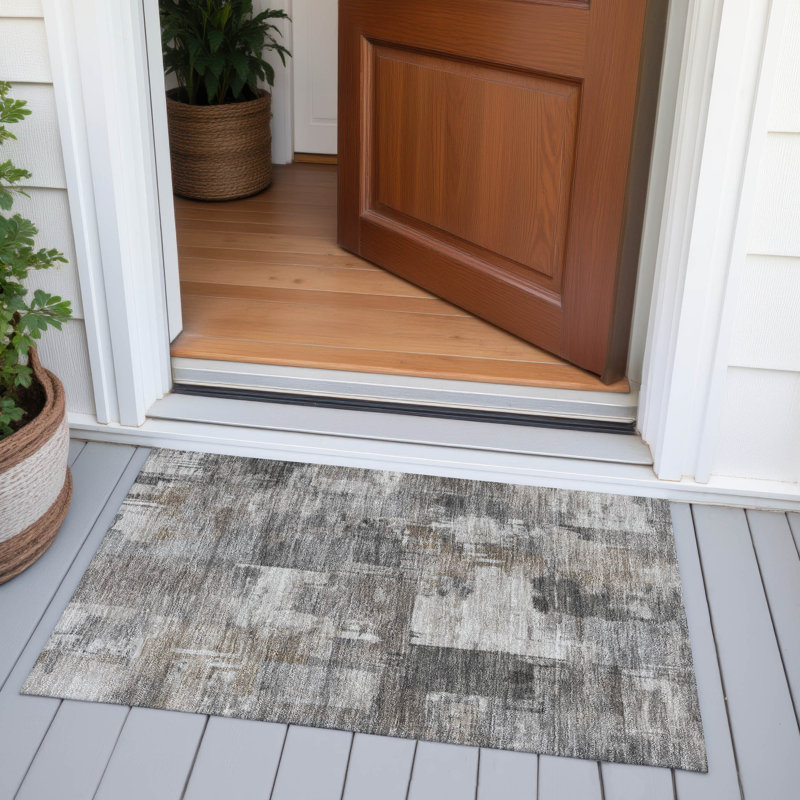 Machine Washable Indoor/Outdoor Xhevrie Pewter Rug, Rectangle 1'8" x 2'6"