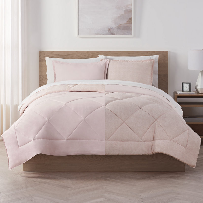 Serta Supersoft Cooling Bed Set, Reversible Bedding Comforter and Solid Sheet Set, King, Dusty Pink