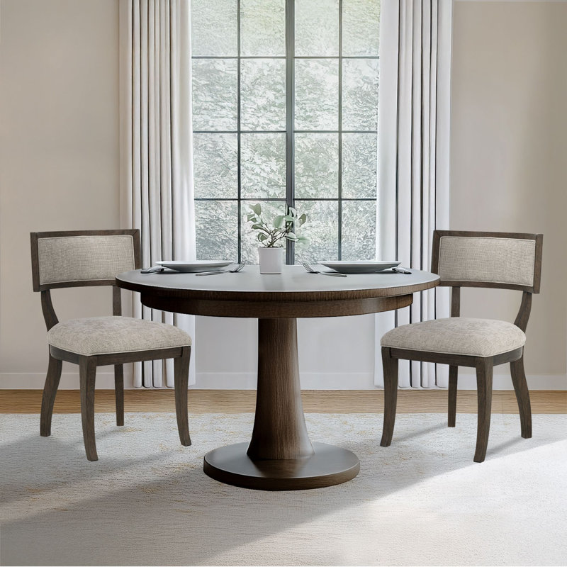 Marie Brown Upholstered Split-Back Dining Chairs with Curved Wood Frame, Beige/Brown