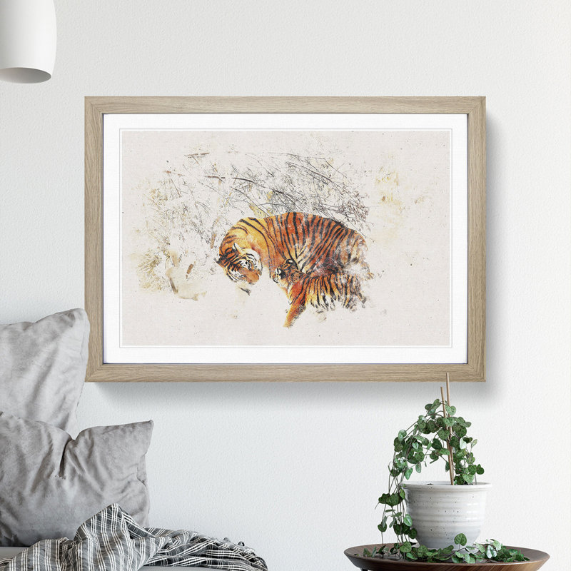 Mother Tiger & Cub in Winter - Picture Frame Graphic Art Print, 45cm H x 63cm W x 2cm D, Oak Framed
