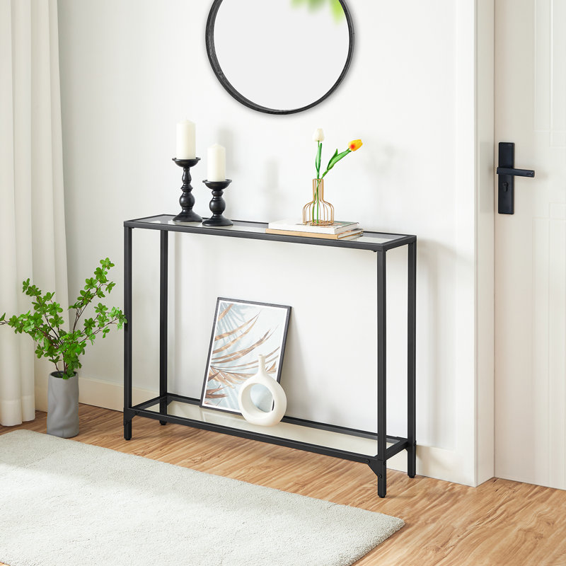 Vonte 39.4" Glass Console Table Gold Metal Frame, Black