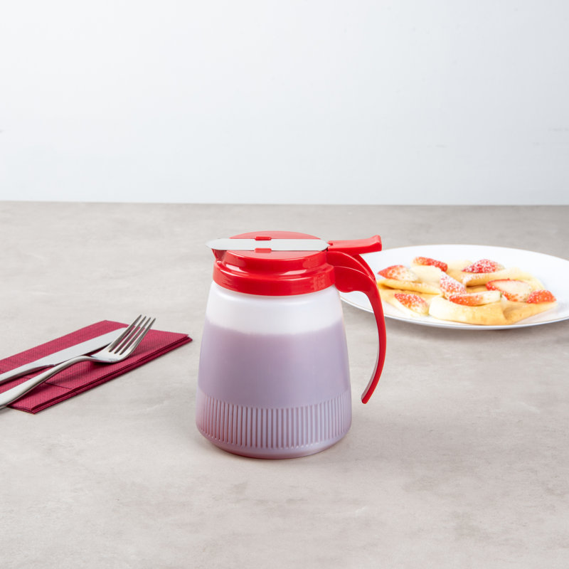 Distributeur de sirop tout usage 32 oz., 1 distributeur de miel - dessus rouge, couvercle coulissant en acier inoxydable, bouteille de sirop à crêpes en plastique, parfait pour les convives, les restaurants et la maison