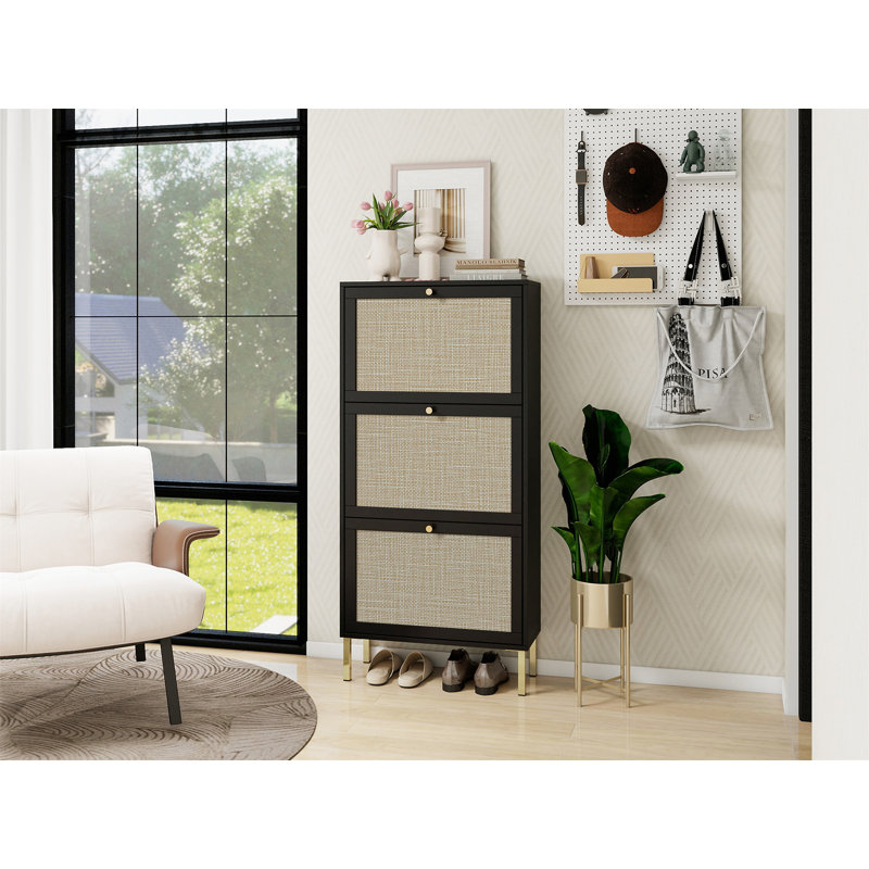 Rattan 3 Door Shoe Rack, Freestanding Modern Shoe Storage Cabinet, Black/Golden