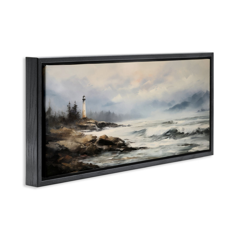 Art mural sur toile flottant encadré "Coastal Lighthouse Waves" par Petal Prints Design, Cadre flottant noir de jais