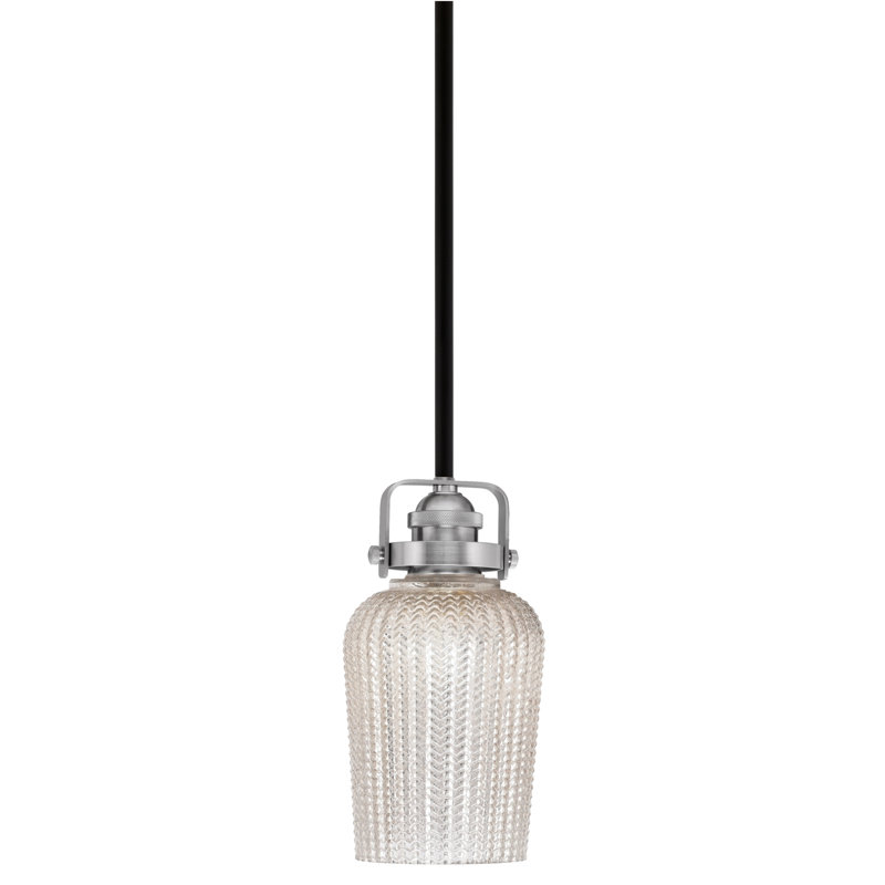 Easton Stem Hung Mini Pendant With 5", Matte Black/Brushed Nickel, Silver Textured Glass