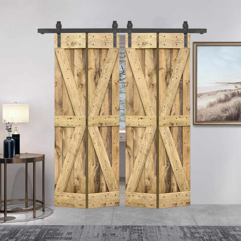 Porte de grange pliante en bois de pin avec quincaillerie coulissante, 48 po x 84 po, Chêne vieilli