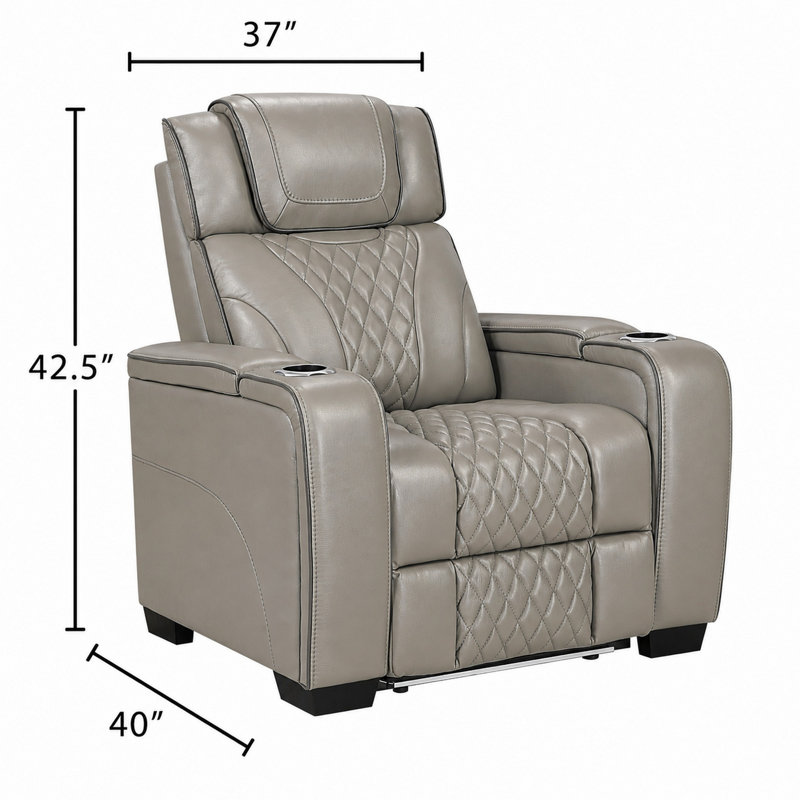Fauteuil inclinable électrique Akon, massage chauffant, port USB, éclairage DEL, cuir véritable gris, Similicuir gris