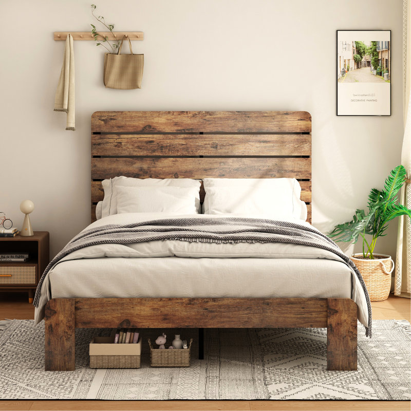 Grand lit plateforme en bois brun foncé, silencieux, sommier tapissier non nécessaire, facile à installer, cadre de rangement sous le lit, avec grand espace de rangement, silencieux, sans assemblage