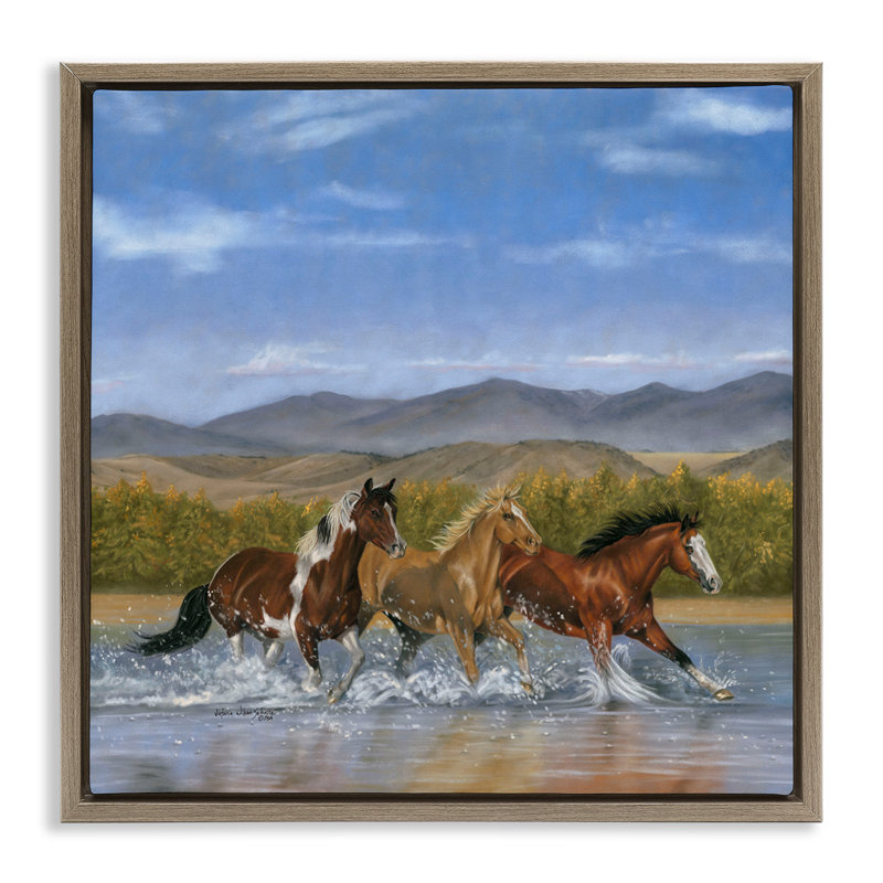 "Splashing River Horses", art mural encadré par Victoria Schultz, Cadre flottant orme Montalcino, H 25 po x l 25 po