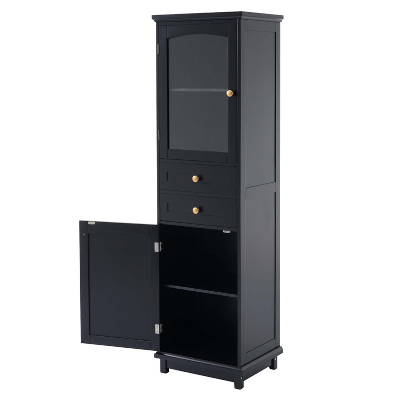 63 Inch Tall Bathroom Storage Cabinet With Glass Doors, Free-Standing, Two Drawers, And Adjustable Shelves - Ideal For Stylish Display And Organization