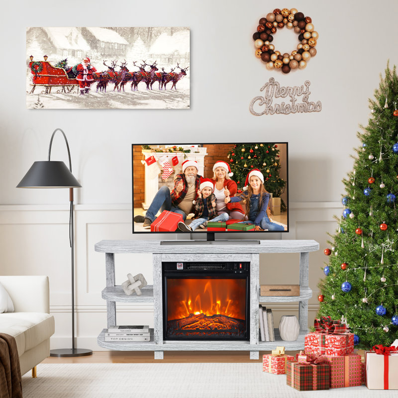 48" TV Stand With 18" Insert Electric Fireplace And Open Storage Shelves Media Console For Tvs Up To 55", Light Gray
